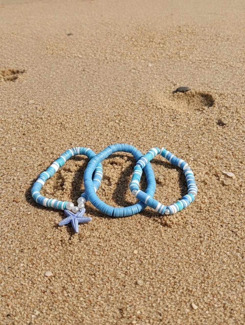 Women’s Blue Beaded Stretch Bracelet Set with Starfish Charm